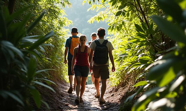 Führer und Gruppe während einer geführten Regenwald-Expedition